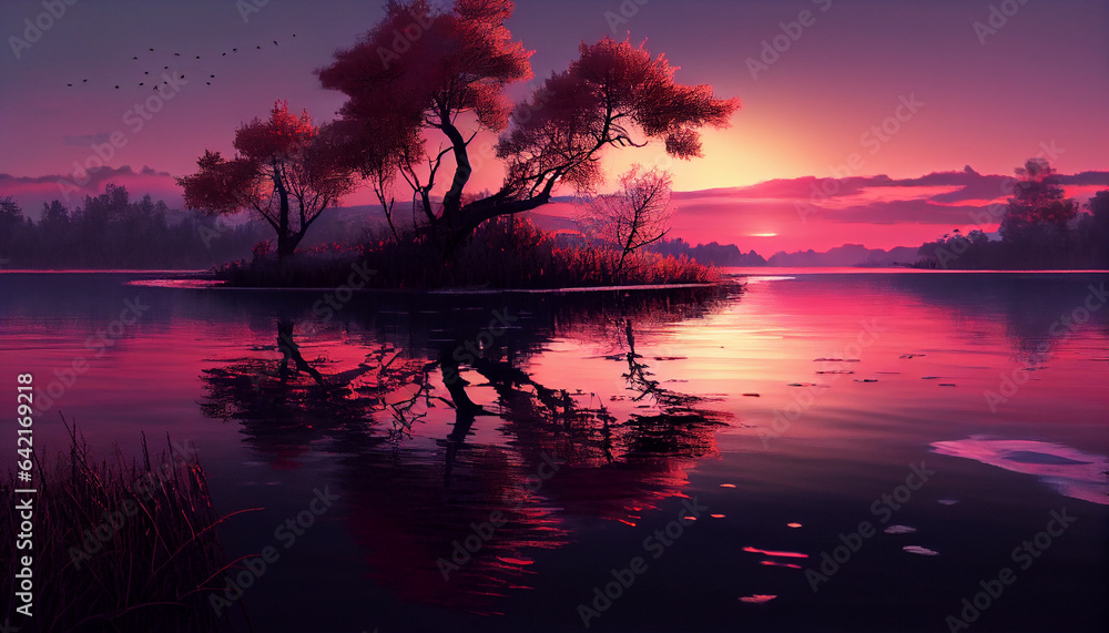 Beautiful pink sunset on a lake, Ai generated image