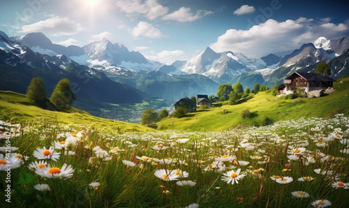 Canvas-taulu Breathtaking alpine landscape with vibrant wildflowers in the foreground and majestic mountains behind