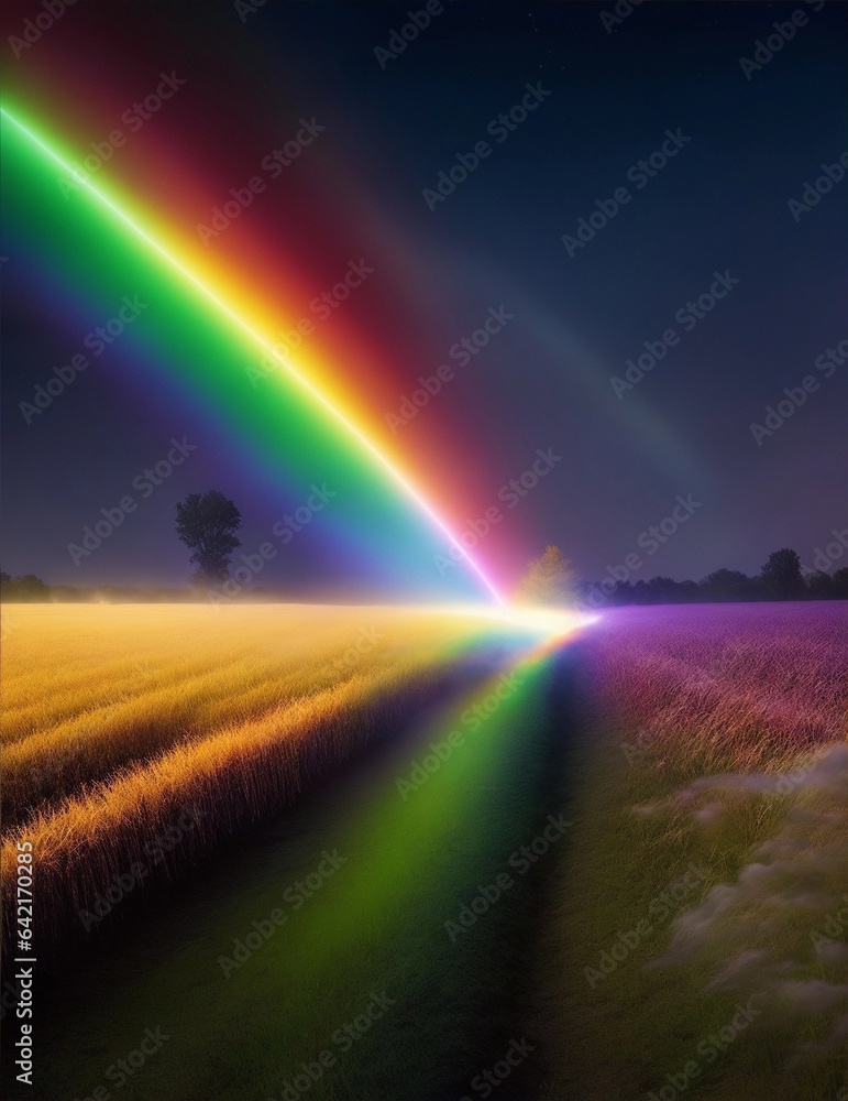 a streak of rainbow light in a corn field at night illustration