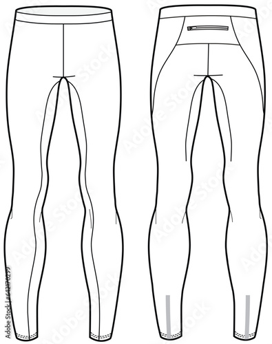 Sports running tights leggings Pants design flat sketch vector illustration drawing. Compression pants with front and back view for fitness, and active wear pants design.