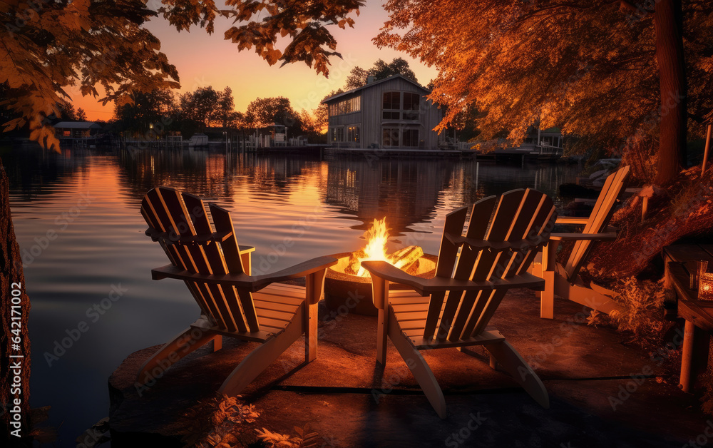 Two wooden chairs stand on the shore of a lake near a bonfire at sunset.