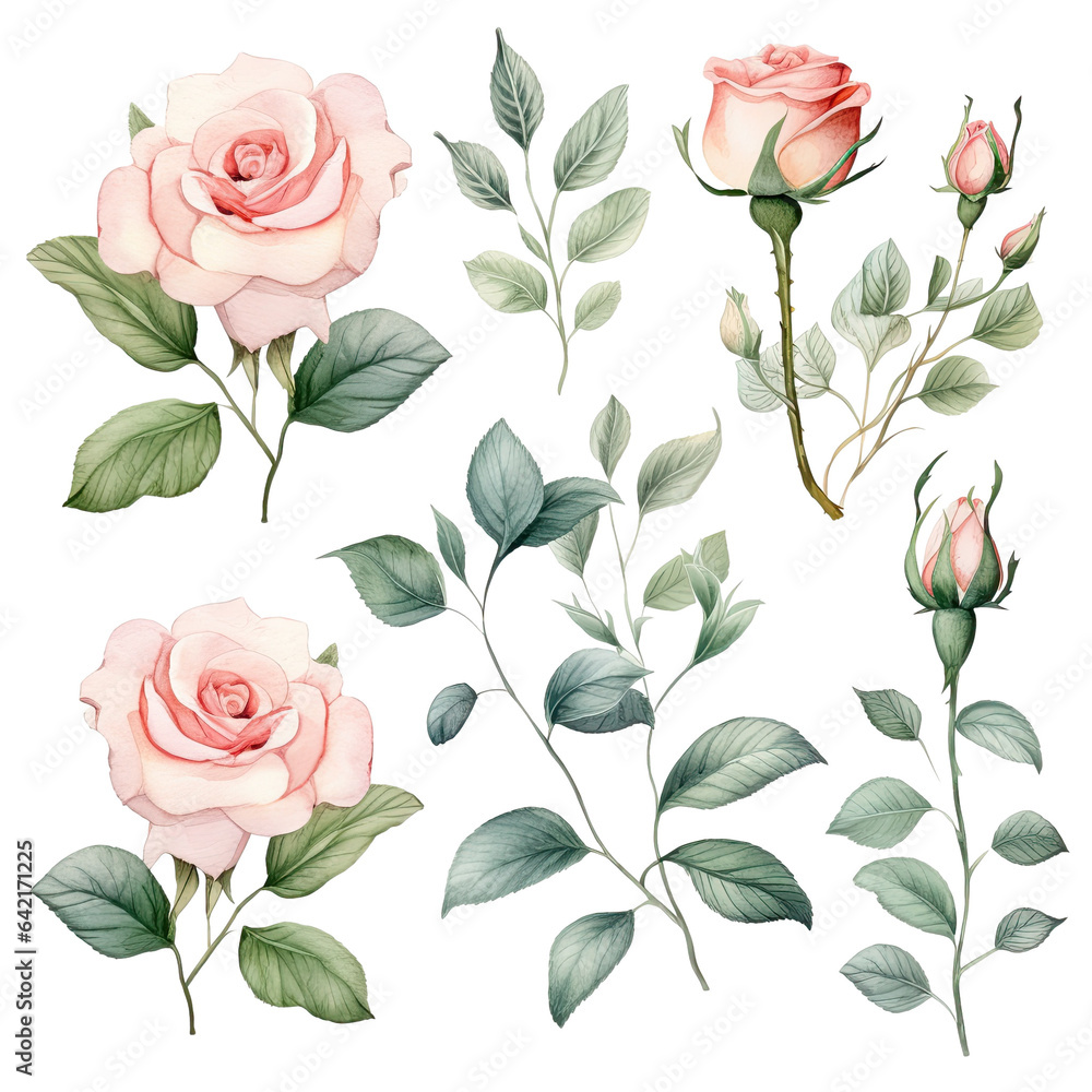 Collection of vintage watercolor flowers and foliage transparent background