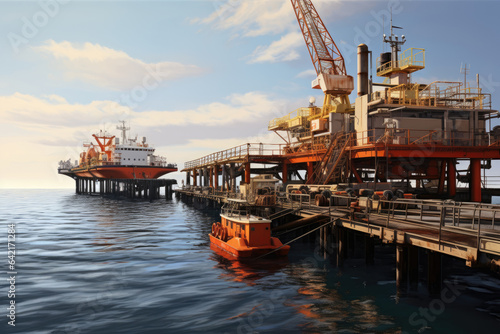 Aerial view of Offshore oil and gas rig construction station platform on the sea. Industry searching for fuel and energy, extract process petroleum and natural gas at ocean beneath seabed.