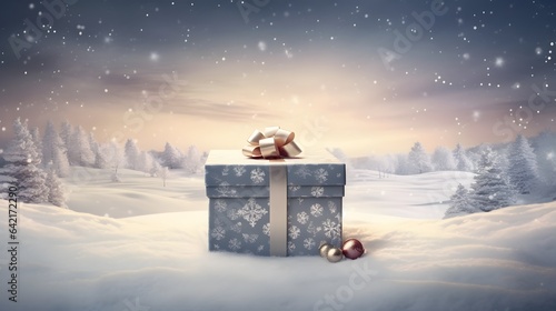 A beautifully wrapped gift box with a festive bow sitting on a snowy background