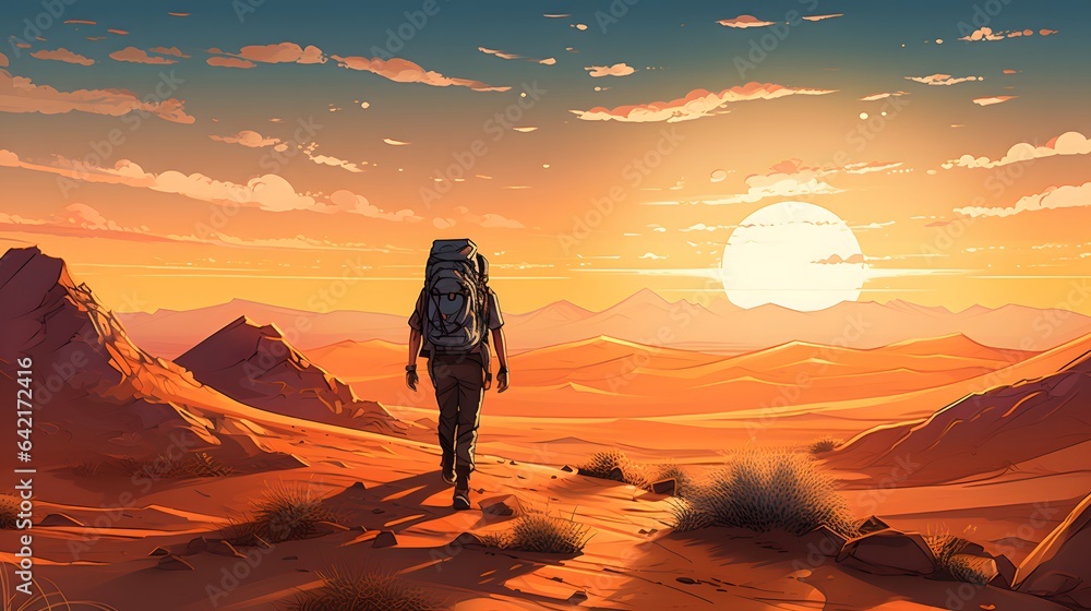 A lone figure wandering through a desert landscape at sunset