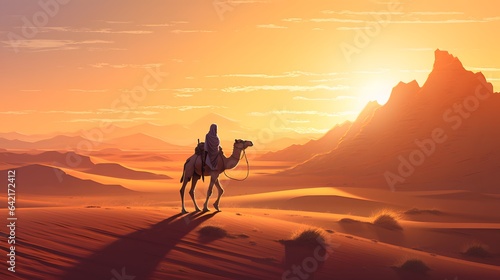 A man riding a camel across a desert