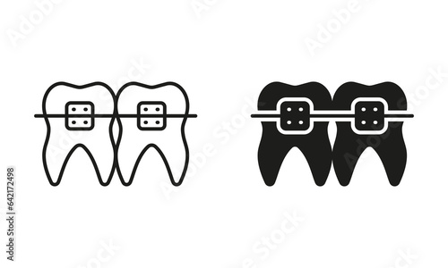 Braces Teeth Silhouette and Line Icons Set. Dentist's Oral Health Care. Orthodontic Brace, Jaw and Tooth Correction. Dental Treatment, Dentistry Symbol Collection. Isolated Vector Illustration