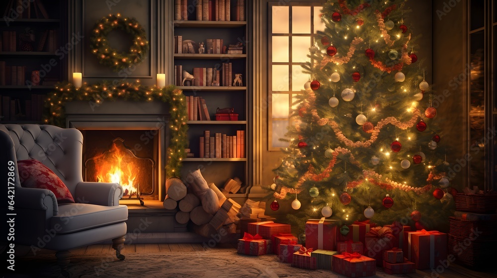 A cozy living room decorated for Christmas with a glowing fireplace and a beautifully adorned Christmas tree