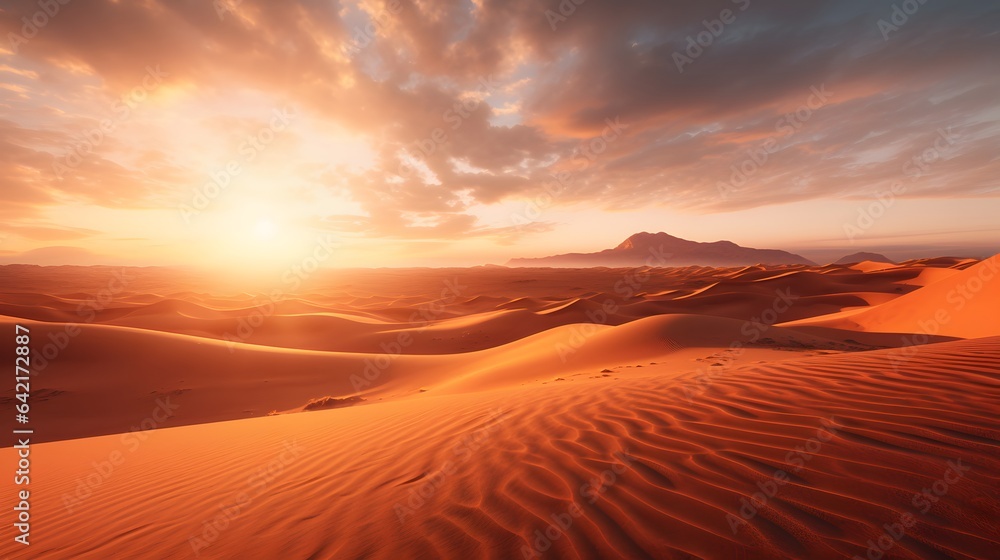 A breathtaking desert landscape with rolling sand dunes and majestic mountains in the distance