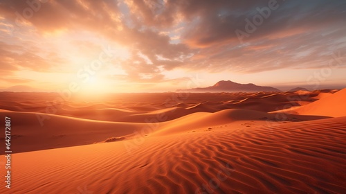 A breathtaking desert landscape with rolling sand dunes and majestic mountains in the distance
