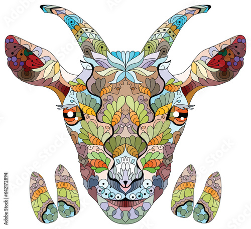 Zentangle goat head with hooves. Hand drawn decorative vector illustration