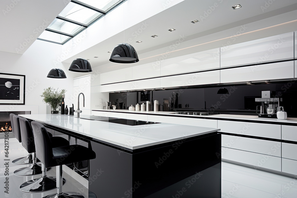 Interior of minimal modern decor style kitchen with shelves, counter bar and cook zone, Home dinning room with contemporary design. Interior of minimal modern decor style kitchen with shelves, counter bar and cook zone, Home dinning room with contemporary design.