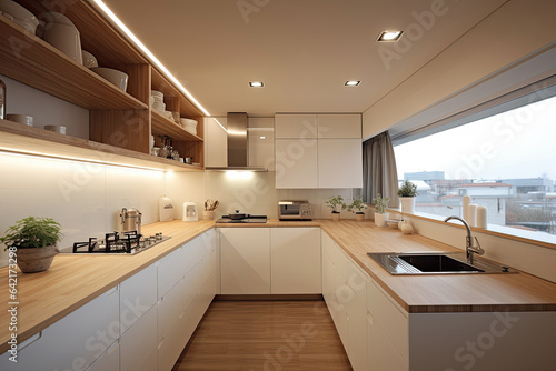 Interior of minimal modern decor style kitchen with shelves  counter bar and cook zone  Home dinning room with contemporary design.