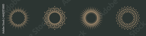 Sparkle Sunrise, Sunbeam, Round Ray, Firework Symbol Collection. Sunburst Icon Set. Circle Sun Burst, Radial Light Pictogram. Vintage Decorative. Abstract Starburst. Isolated Vector Illustration