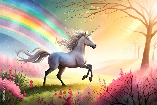 horse in the field with rainbow