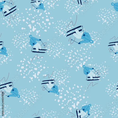 Winter sports seamless pattern. Skiers on the slope.