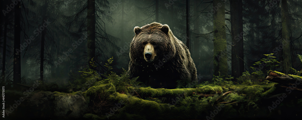 Grizzly bear in forest. wide banner - obrazy, fototapety, plakaty 