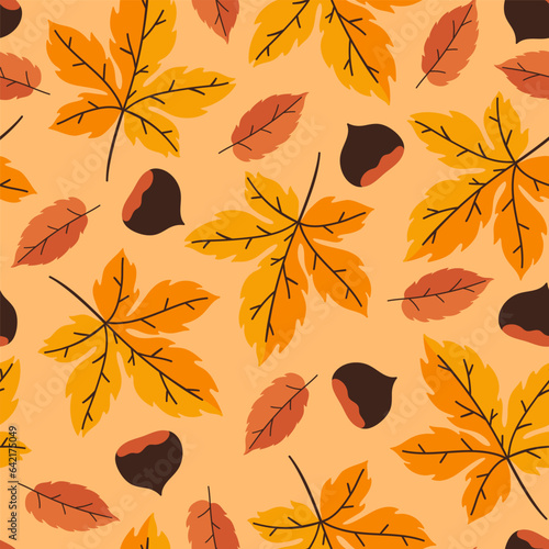 Seamless autumn pattern with chestnuts and leaves. Vector graphics.