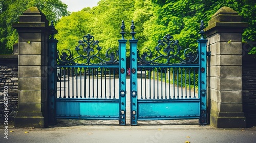 Colorful metal castle gate, vibrant colors, fence