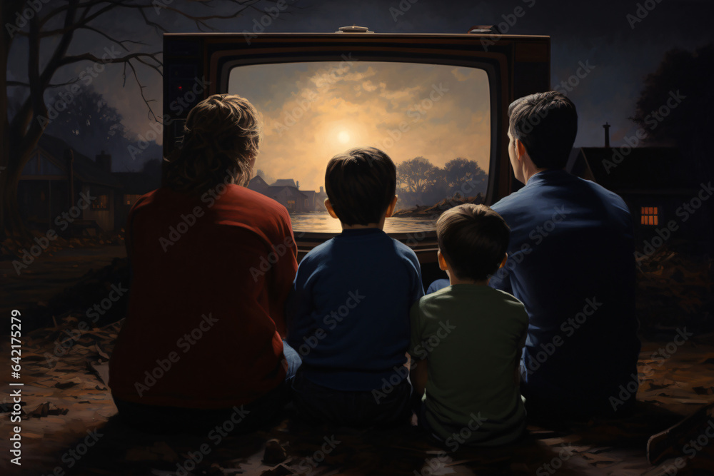 rodzina ogląda telewizję - obrazy, fototapety, plakaty 