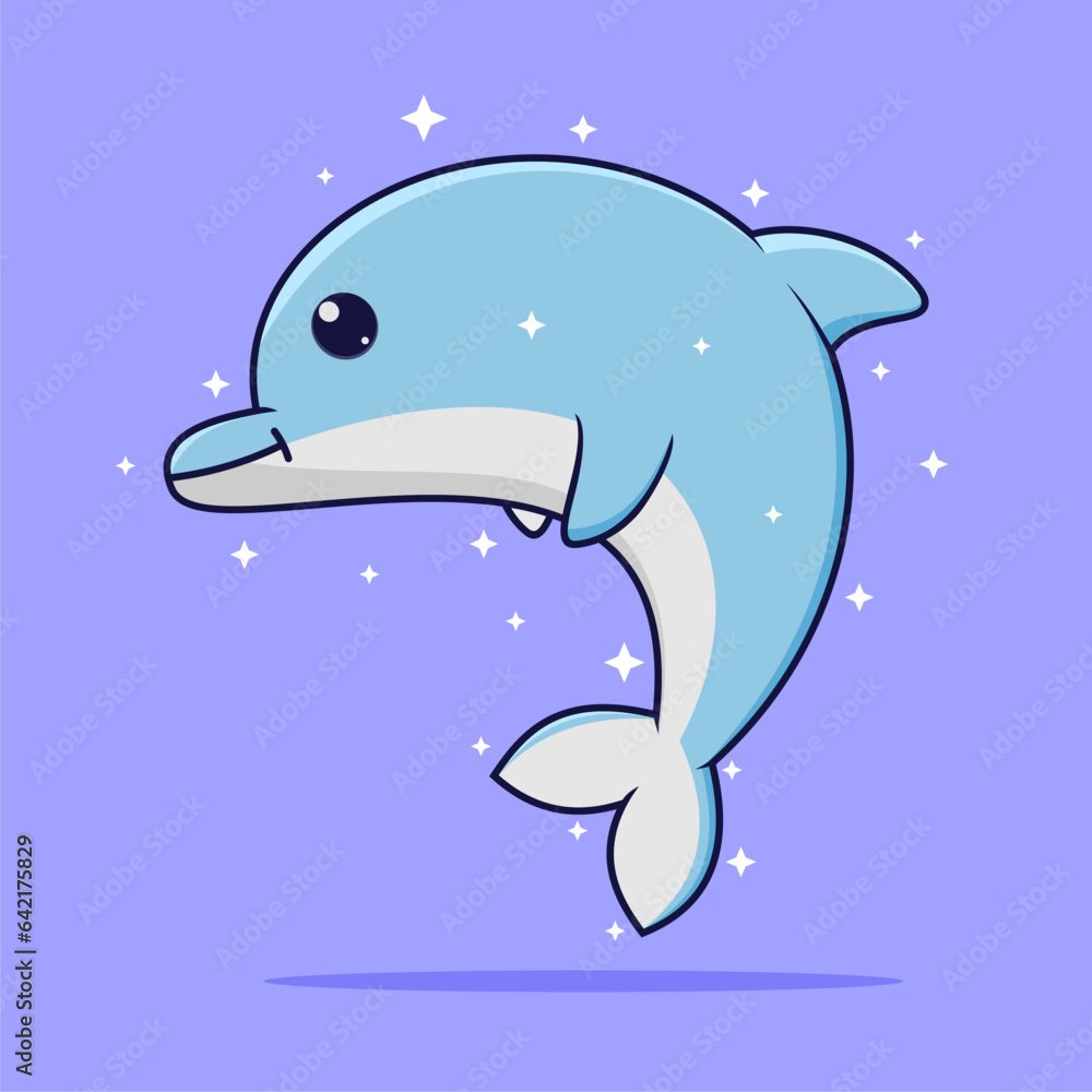 Obraz premium Cute cartoon dolphin in bright blue smiling