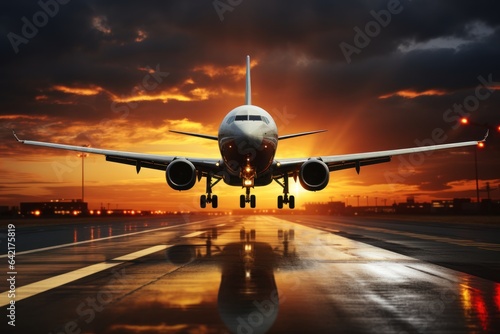 Airplane in the airport at sunset. Business and transportation concept. Airport Concept with Copy Space.