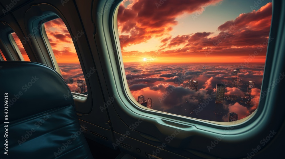 View from airplane window on clouds and sky during sunset. Travel concept with copy space.