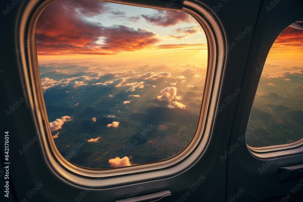 View from airplane window on clouds and sky during sunset. Travel concept with copy space.
