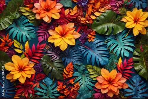 Colorful Tropical Leaves and Flowers, Tropical Flower Background, Exotic Leaves Background, Tropical Flower Wallpaper, AI Generative