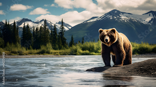A highly detailed photograph captures a magnificent grizzly bear as it stands near a rushing river, surrounded by the rugged beauty of the Alaskan wilderness. © CanvasPixelDreams