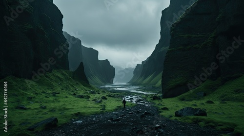 Person walking through a rocky valley, green and black