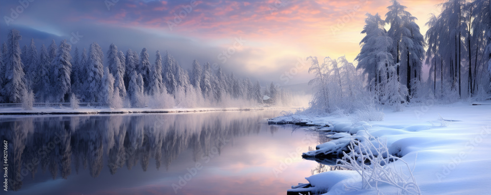 Beautiful winter scenery and ice in color sunset lights. wide banner Beautiful winter scenery and ice in color sunset lights. wide banner