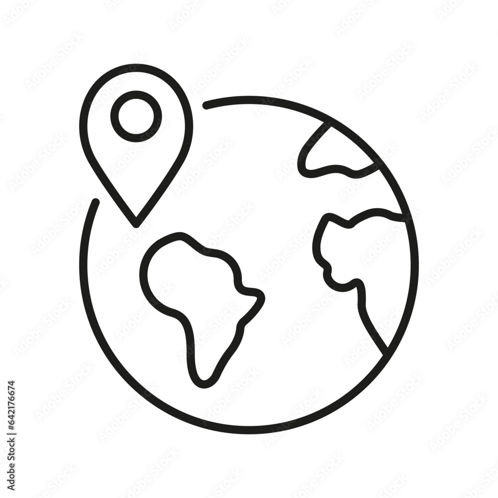 Planet Earth with Location Pin Linear Pictogram. International Shipping Outline Symbol. Global Delivery Line Icon. Worldwide Delivery Sign. Editable Stroke. Isolated Vector Illustration Planet Earth with Location Pin Linear Pictogram. International Shipping Outline Symbol. Global Delivery Line Icon. Worldwide Delivery Sign. Editable Stroke. Isolated Vector Illustration