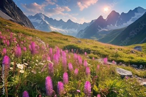 "Full Bloom Magic in the Alpine Serenity". Digital poster. Generative AI.