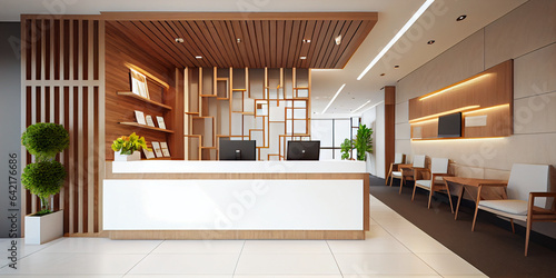Lobby or spacious hotel reception area decorated with wood. Generative AI.