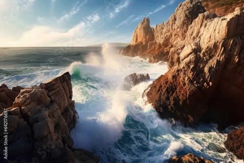  Waves and Wonders  Serene Coastal Cliffside . Digital poster. Generative AI.
