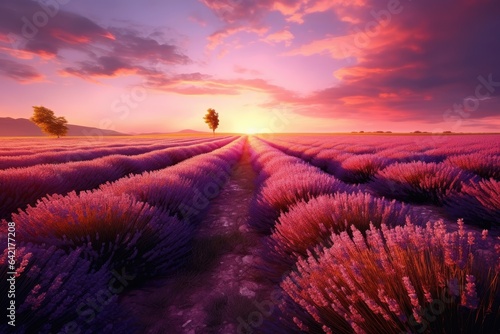 "Sunset Serenity Amidst Lavender Bliss". Digital poster. Generative AI.