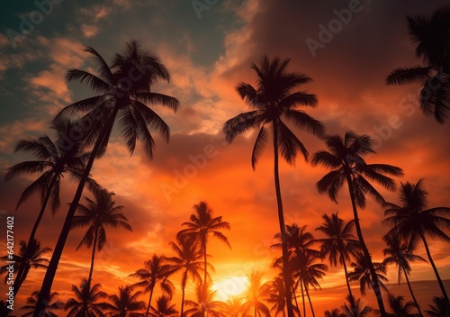  Vibrant Sunset Behind Palm Tree Silhouettes . Digital poster. Generative AI.