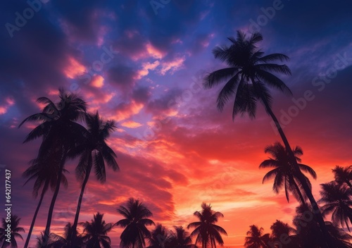 "Silhouettes of Palms in the Vibrant Sunset". Digital poster. Generative AI.