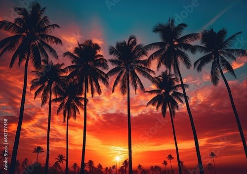  Silhouettes of Palms in the Vibrant Sunset . Digital poster. Generative AI.