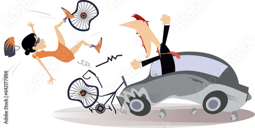 Traffic accident. Bike accident - collisions with car. Automobile knocking down young woman riding on bike. Road collision with cyclist involved