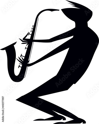 Musician playing saxophone. 
Original silhouette. Musician playing saxophone with inspiration. Black and white
