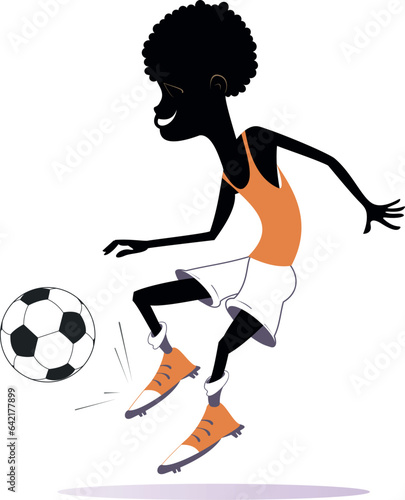 Smiling young African man playing football. 
Cartoon African football player kicks a ball. Isolated on white illustration
