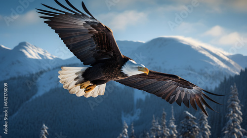 In this stunning image  a bald eagle takes flight against a clear blue Alaskan sky. The high-detail photography captures the intricate details of the eagle s feathers.