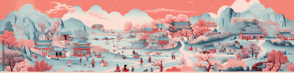 Fototapeta premium A Risograph Illustration of a Layered Folklore Village Scene with Traditions