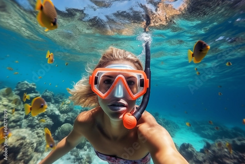 Woman snorkeling, underwater view. Corals and fish around a woman in a snorkel mask.