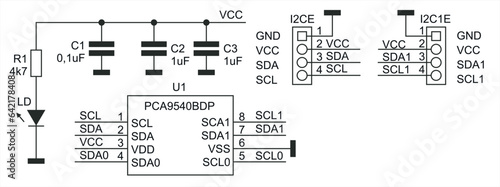 Vector drawing electrical circuit with an array of capacitors, an integrated circuit, a connector, a resistor and an led. Schematic diagram of electronic device. 