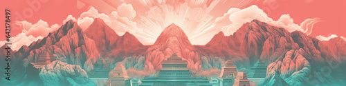 A Risograph Illustration of Grainy Incan Temples on Mountain Peaks