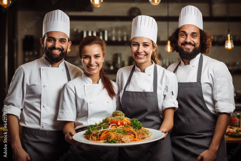 A team of cooks holds a plate and presents a dish. A team of cooks holds a plate and presents a dish.