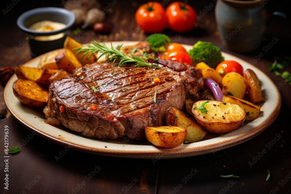 Juicy piquant meat steak baked with vegetables. Juicy piquant meat steak baked with vegetables.